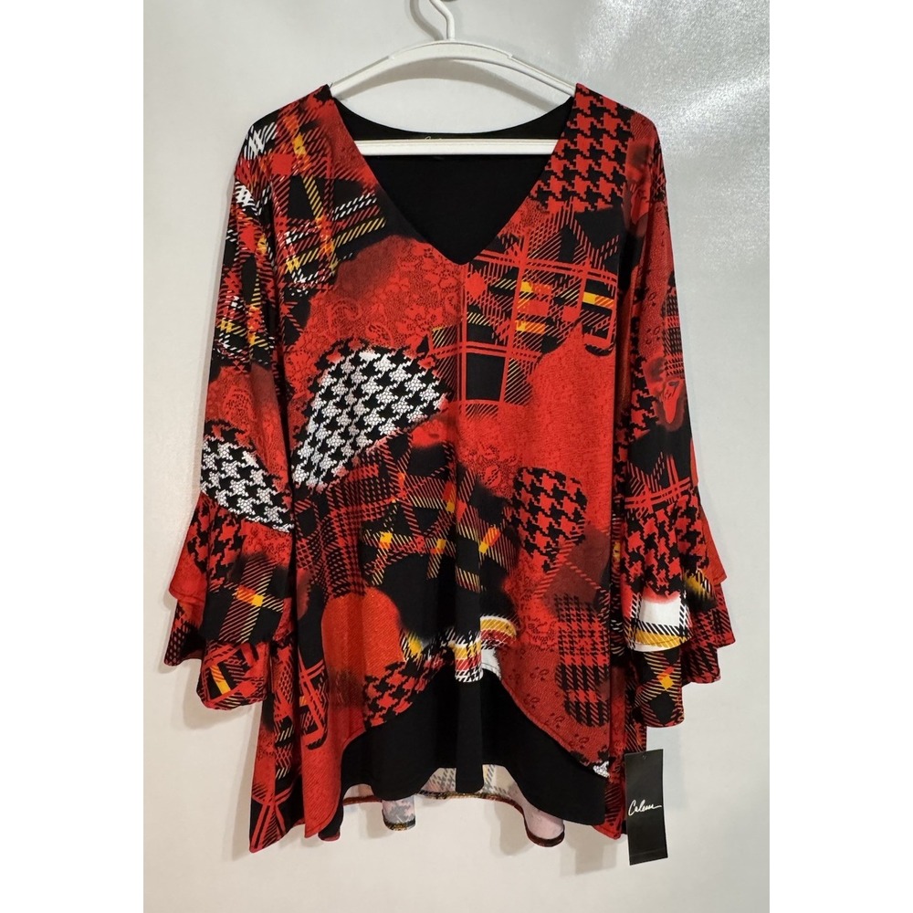 Calessa Women's Sz 3X Tunic Top Abstract Plaid Patchwork Bell Sleeves Boho NWT